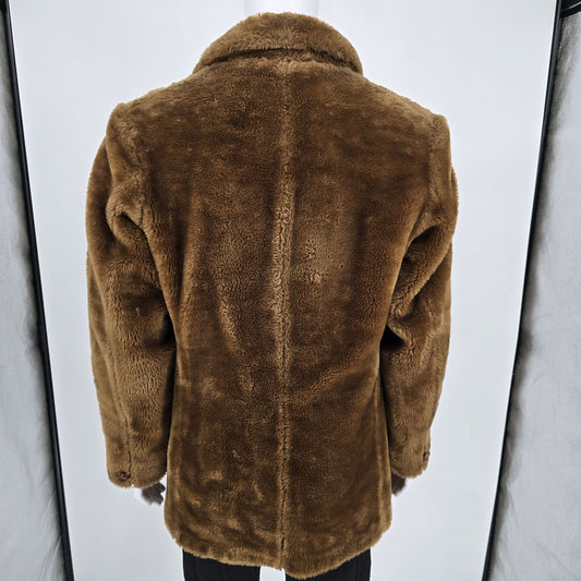 Vintage 1970s Zero King Men's Brown Trevira Faux Fur Double-Breasted Coat (M/L)