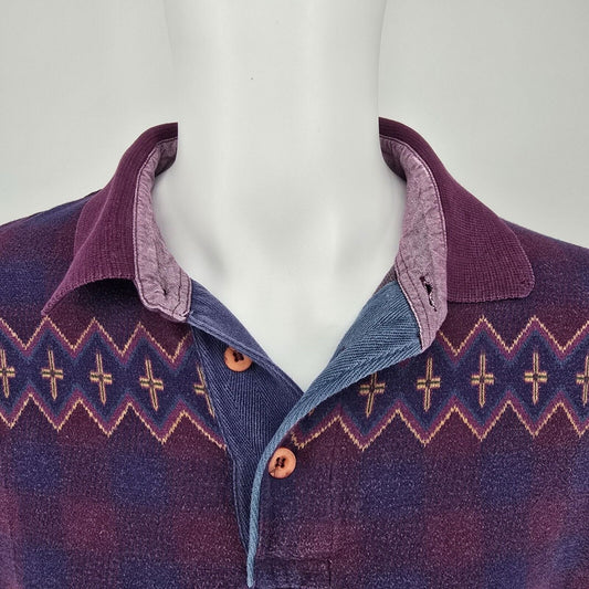 Vintage 1990s Guess Classics Aztec Pattern Long Sleeve Knit Polo (Large)