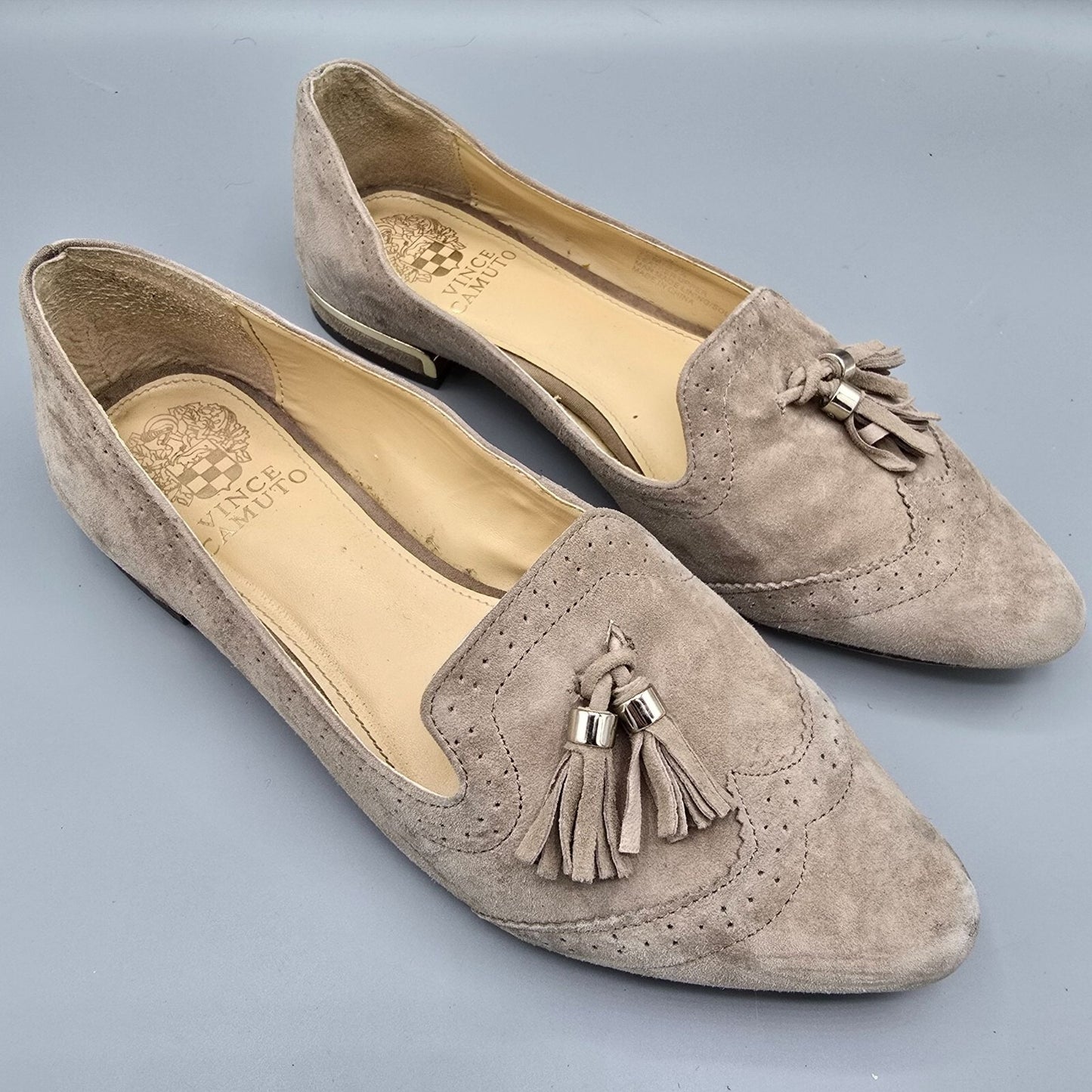 Vince Camuto Rizell Taupe Suede Pointed Toe Tasseled Slip on Loafers (7.5M)
