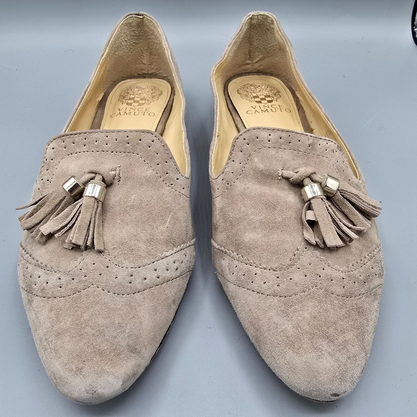 Vince Camuto Rizell Taupe Suede Pointed Toe Tasseled Slip on Loafers (7.5M)