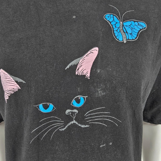 Vintage 1990s Chere Cat & Butterfly Double Collar Double Sleeve T-Shirt (L/XL)