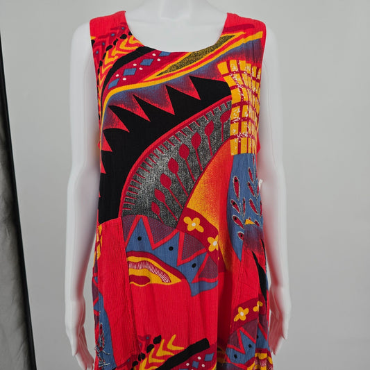 Vintage 1990s Mirror Image Crinkle Rayon Abstract Print Pocket Sundress (L)
