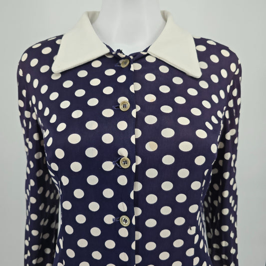 Vintage 1970s Purple Polka Princess Seam Fit-and-Flare Midi Shirt Dress (M)