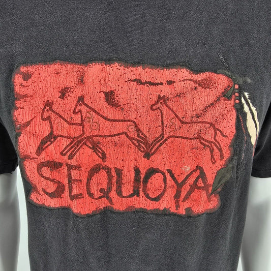 Vintage 1990s Hanes Beefy-T "Sequoya" Single Stitch Faded Black T-Shirt (L)