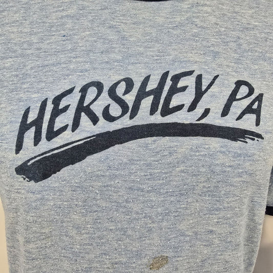 Vintage Late 1970s Early 1980s Hershey, PA Blue Heathered Ringer T-Shirt (L)