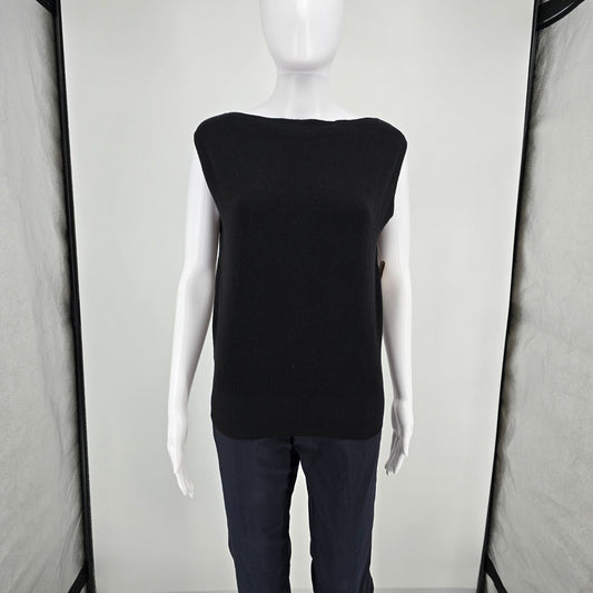 Vintage 1960s Women's Black Knit Bateau Neck Sleeveless Sweater Shell (M)