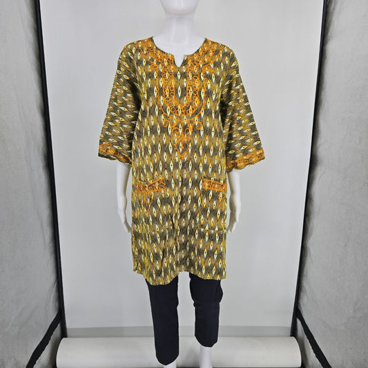 Vintage 1990s Neelam Yellow/Black/White Cotton Dashiki Tunic Dress/Top (OS)