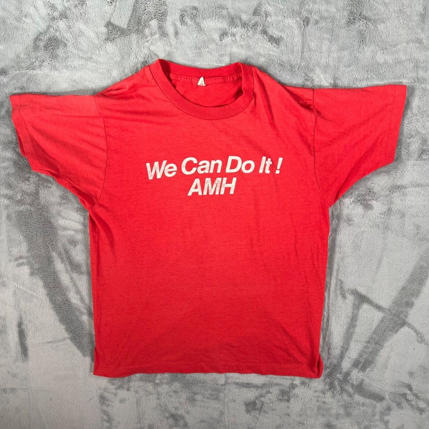 Vintage 1980s Screen Stars Red/White "We Can Do It! AMH" T-Shirt (Medium)