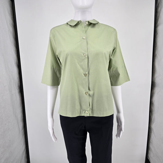 Vintage 1960s Women's Sage Green Peter Pan Collar Short Sleeve Shirt (S)