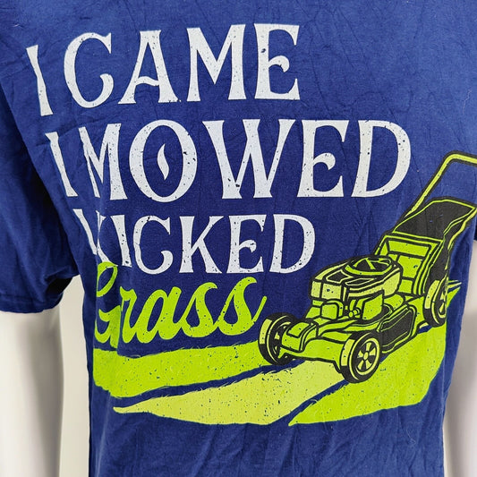 Blue "I Came I Mowed I Kick Grass" Lawn Mowing Graphic T-Shirt (Large)