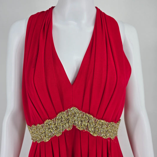 Vintage 1970s Julie Miller California Red Metallic Empire Waist Maxi Dress (M)