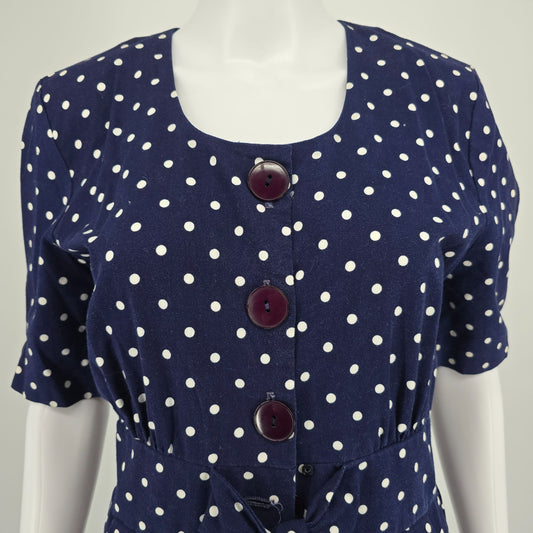 Vintage 1980s Navy/White Polka Dot Belted Button Front Midi Day Dress (Size 8/M)