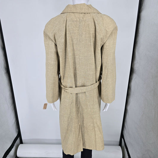 Vintage Early 1970s Beige Linen-Look Belted Coat w/ Botanical Print Lining (L)