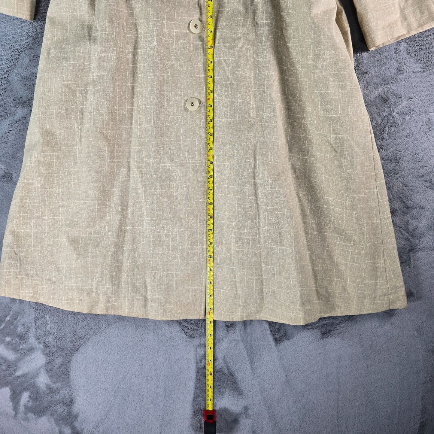 Vintage Early 1970s Beige Linen-Look Belted Coat w/ Botanical Print Lining (L)