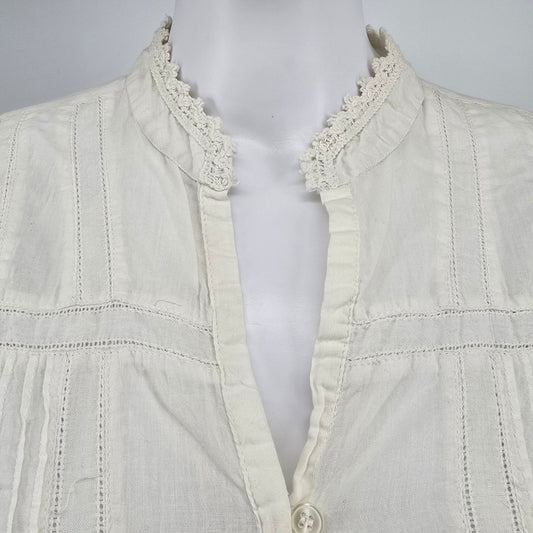 Distressed Vintage Y2K Cream Pintuck Pleated Lace Trim Boho/Victorian Blouse (M)