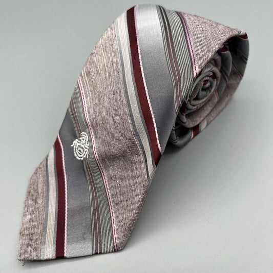 Vintage 1970s "Via Re" Men's Embroidered Crest Regimental Striped Silver Tie