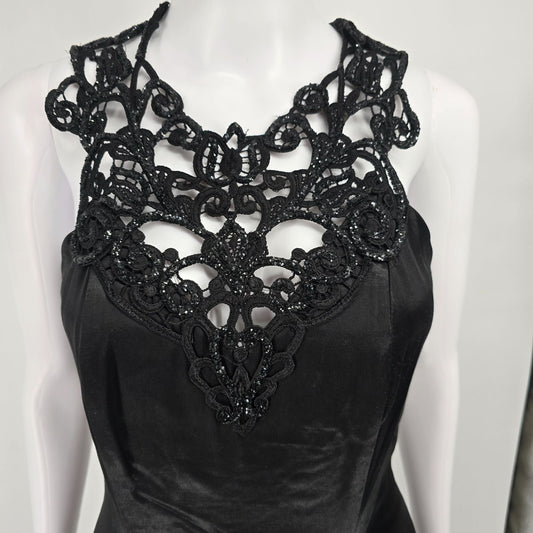 Vintage 1980s Blondie and Me Evening Black Lace Open Back Maxi Gown Dress (XS)