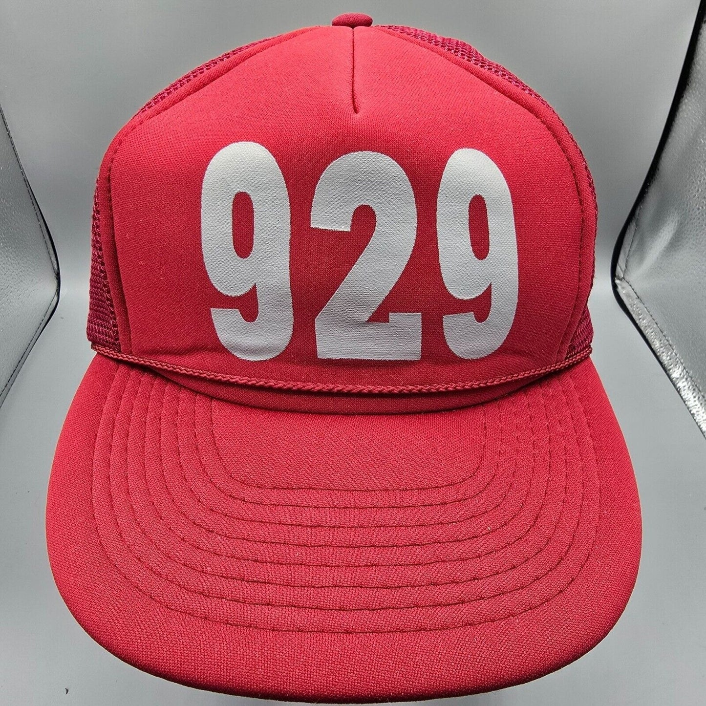 Vintage 1990s Distressed 929 Area Code Red Otto Mesh Back Trucker Hat *Damaged