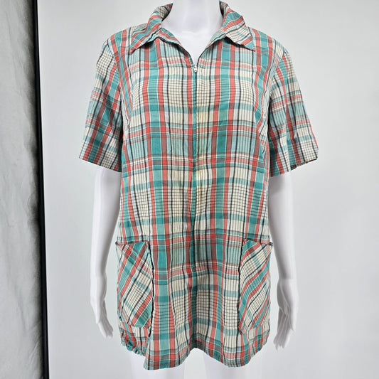 Vintage 1960s Teal/Coral Red Plaid Zip-Front Belted Tunic (L/XL) *Missing Belt