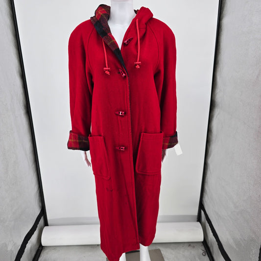 Vintage 1970s Suz-ette Fashions/Spuncraft Red Wool Blend Hooded Duffle Coat (L)