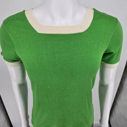 Vintage 1970s Sears Kelly Green Contrast Trim Square Neck Ringer T-Shirt (S)