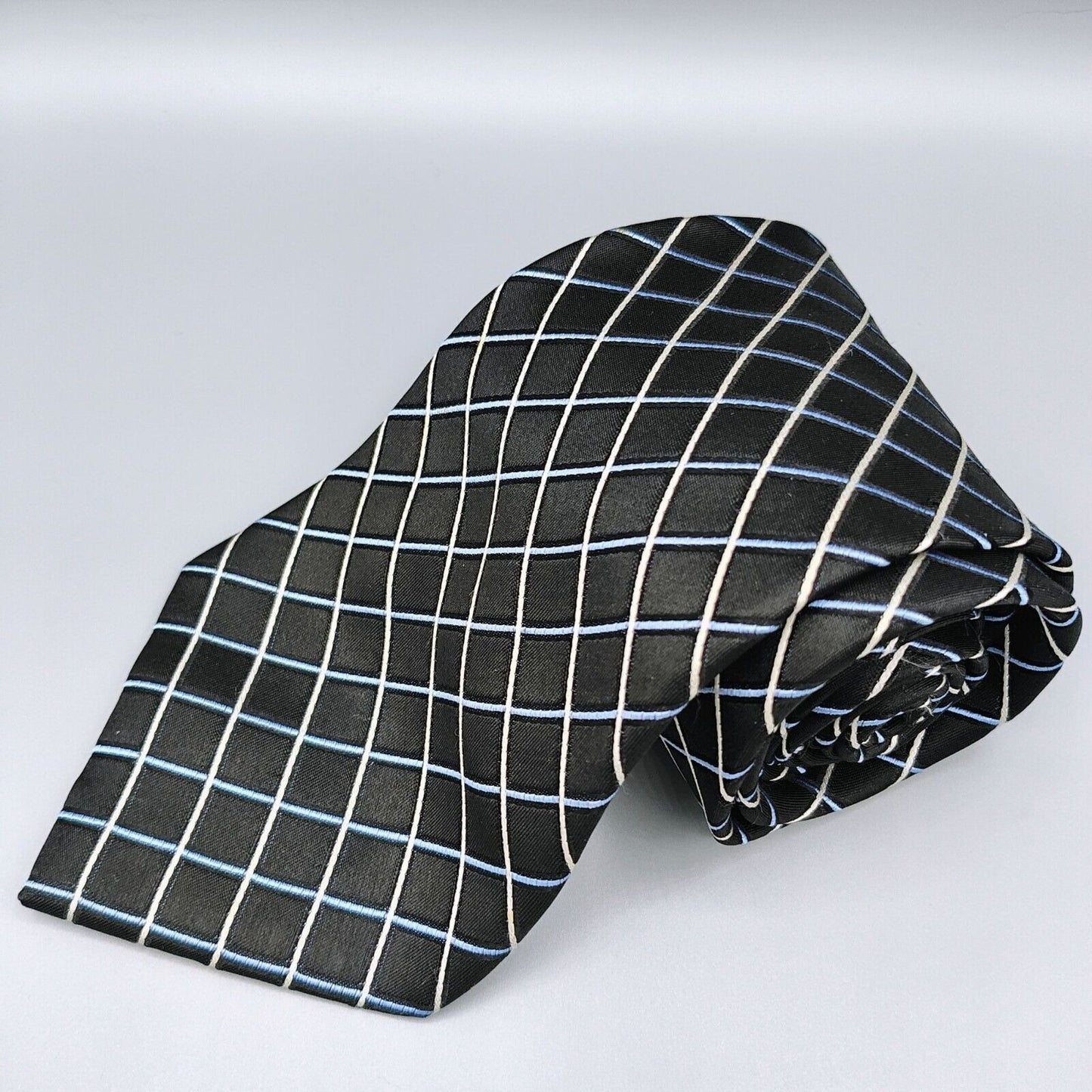 Claiborne Mens Black, Blue, and White Grid Pattern Textured 100% Silk Necktie