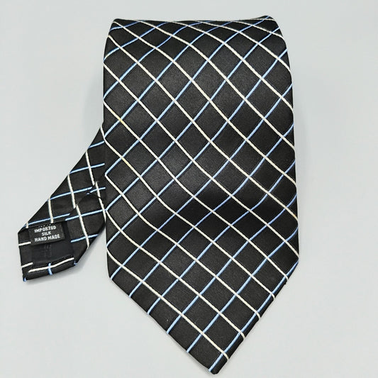 Claiborne Mens Black, Blue, and White Grid Pattern Textured 100% Silk Necktie