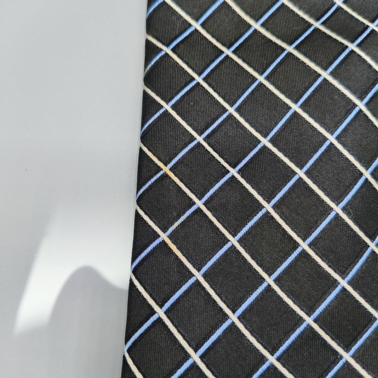 Claiborne Mens Black, Blue, and White Grid Pattern Textured 100% Silk Necktie