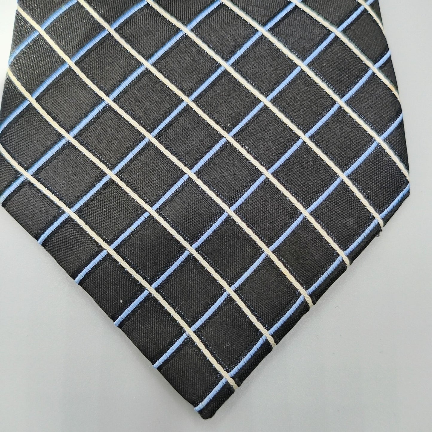 Claiborne Mens Black, Blue, and White Grid Pattern Textured 100% Silk Necktie