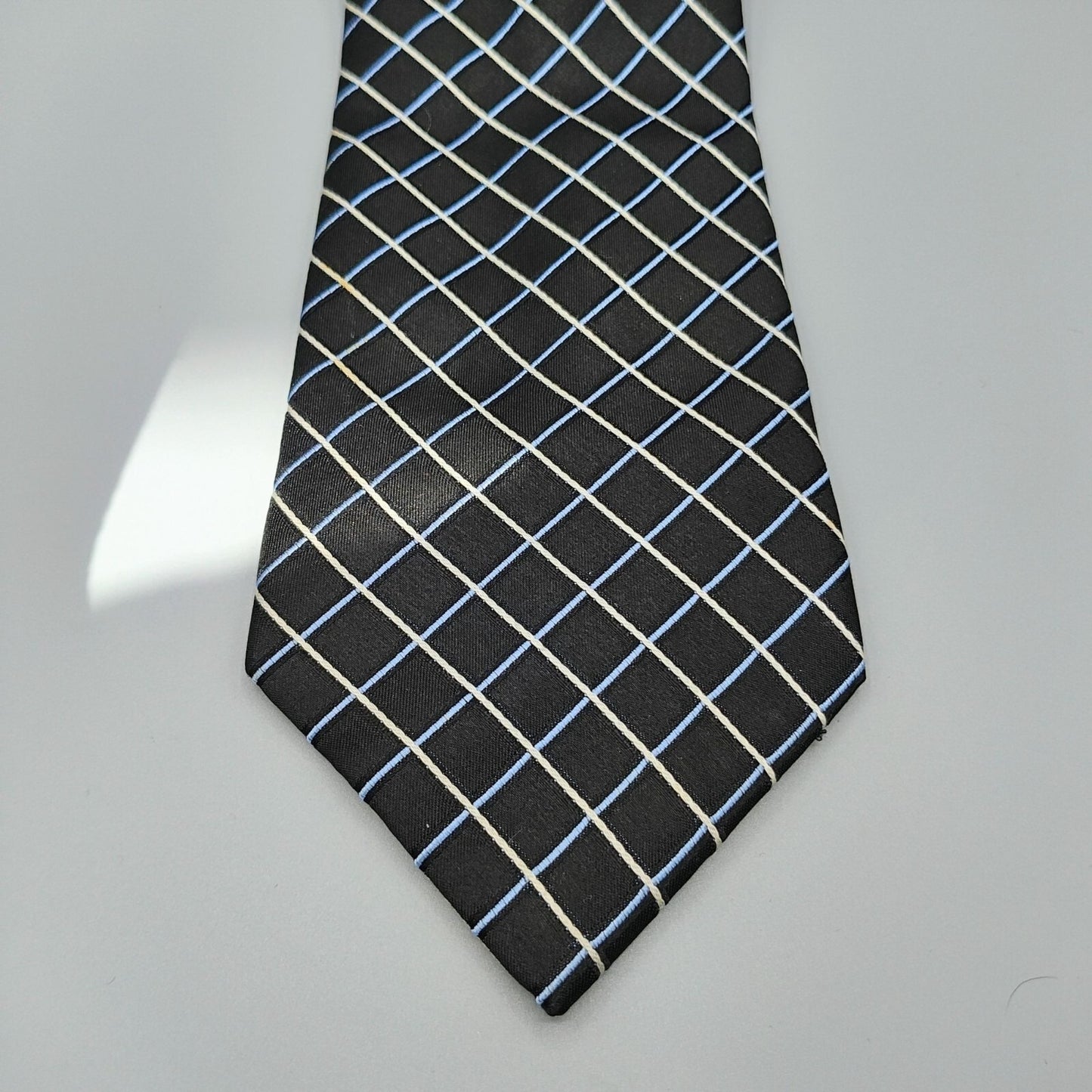 Claiborne Mens Black, Blue, and White Grid Pattern Textured 100% Silk Necktie
