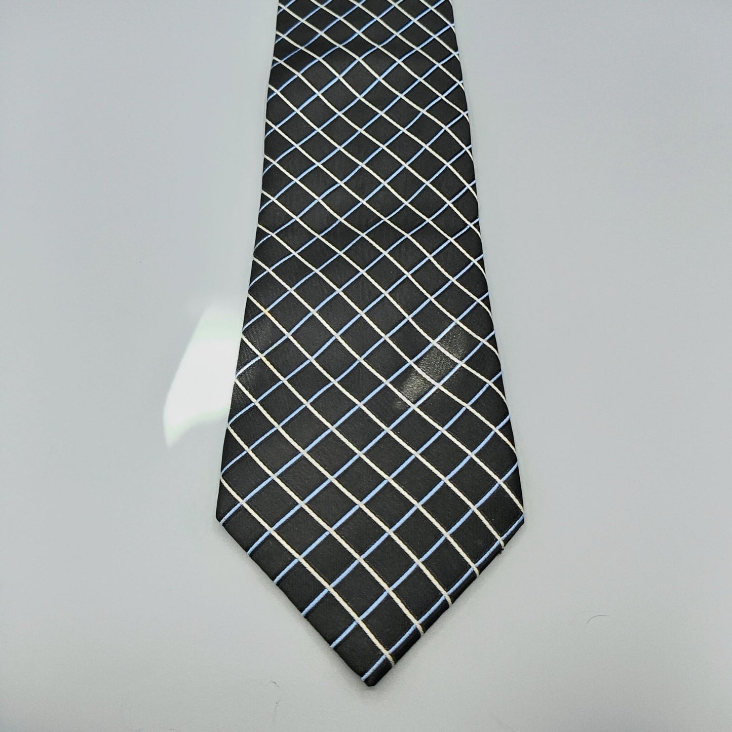 Claiborne Mens Black, Blue, and White Grid Pattern Textured 100% Silk Necktie