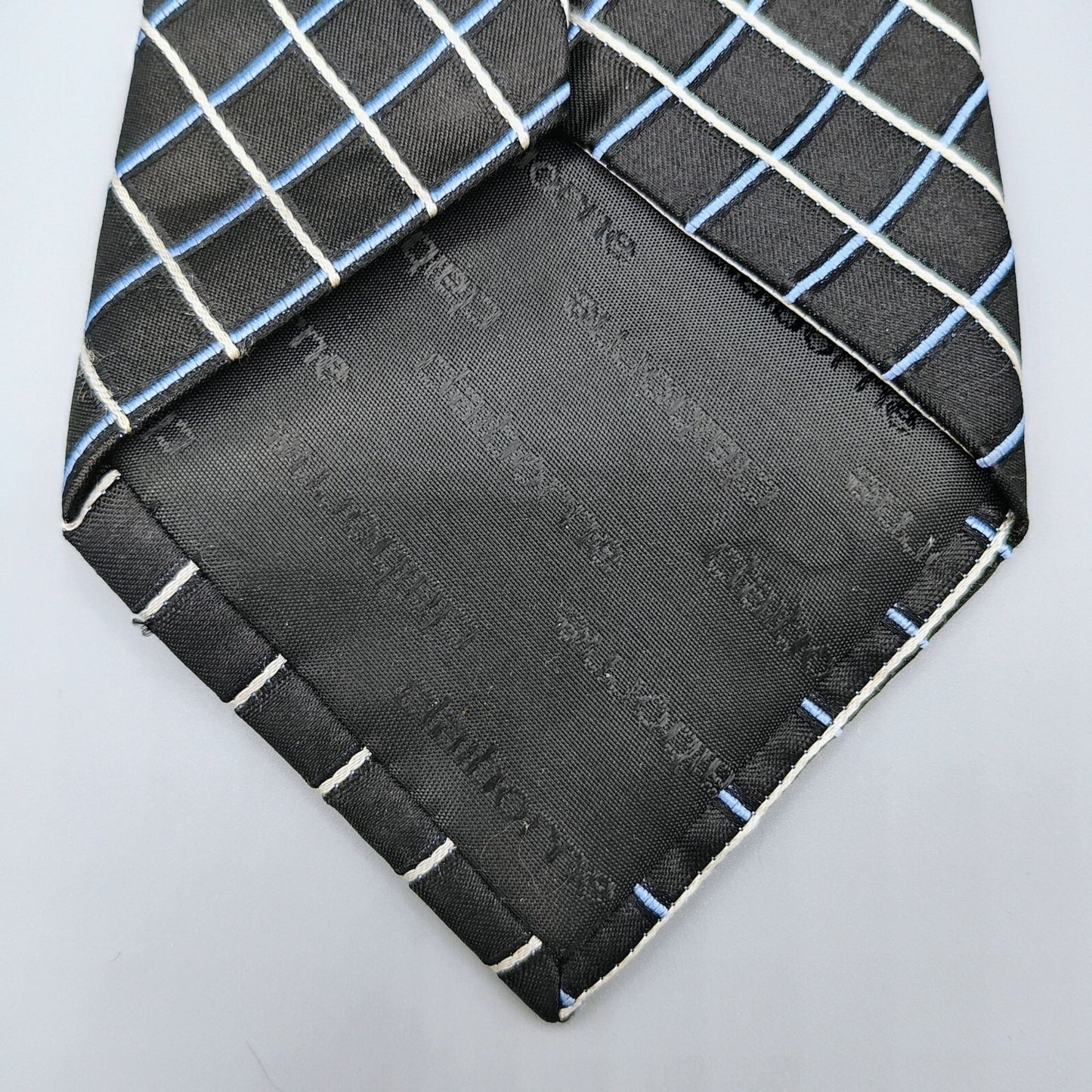 Claiborne Mens Black, Blue, and White Grid Pattern Textured 100% Silk Necktie