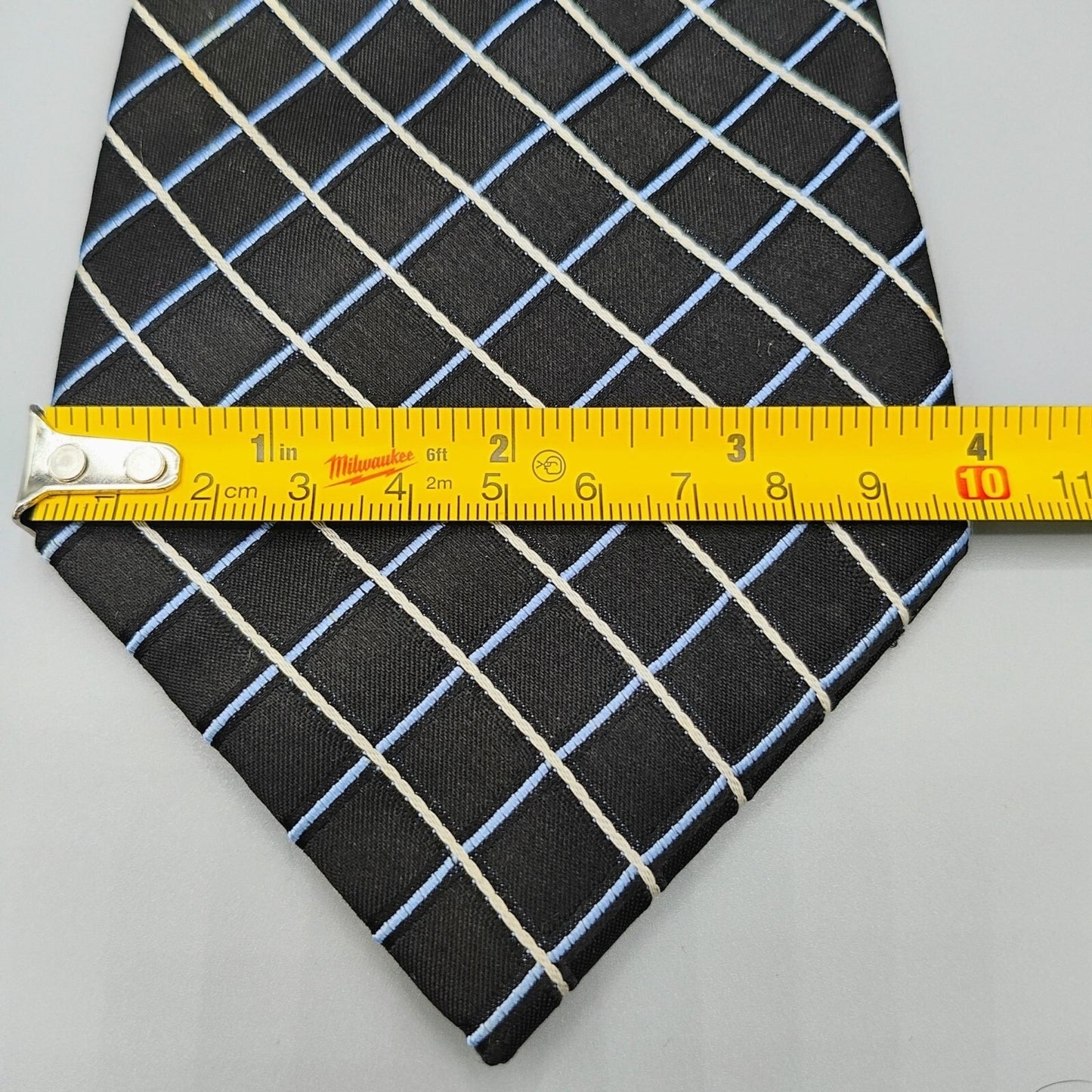 Claiborne Mens Black, Blue, and White Grid Pattern Textured 100% Silk Necktie