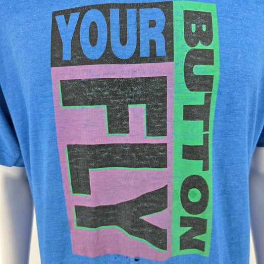 Distressed Vintage 1990s Fruit of the Loom "Button Your Fly" Promo T-Shirt (XL)