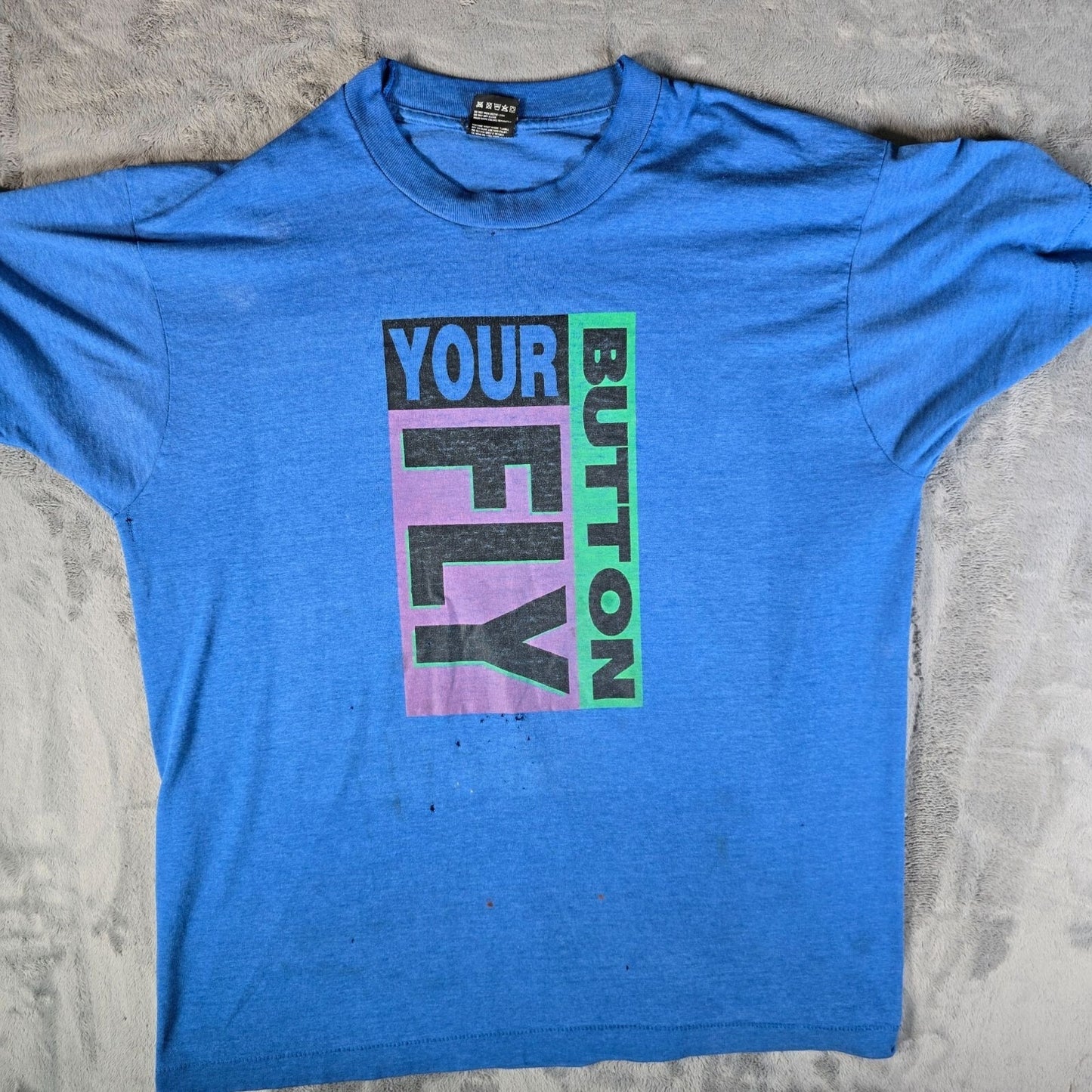 Distressed Vintage 1990s Fruit of the Loom "Button Your Fly" Promo T-Shirt (XL)