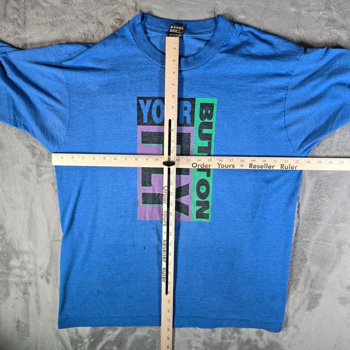 Distressed Vintage 1990s Fruit of the Loom "Button Your Fly" Promo T-Shirt (XL)