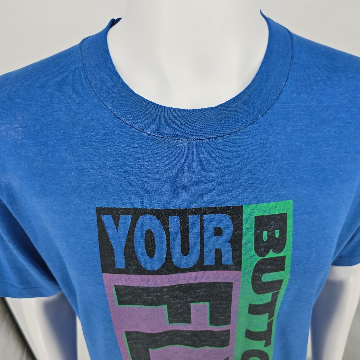 Distressed Vintage 1990s Fruit of the Loom "Button Your Fly" Promo T-Shirt (XL)