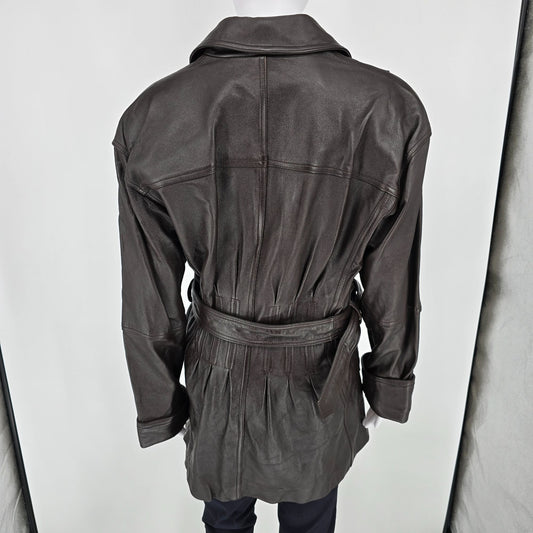 Vintage 1990s Together! Dark Brown Double-Breasted Belted Leather Trench Coat -M