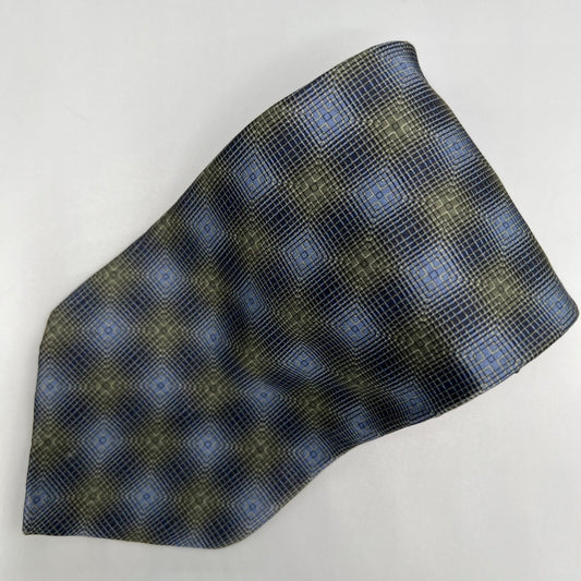 VTG Bill Blass Black Label Blue & Olive Geometric Pattern Luxury Silk Necktie