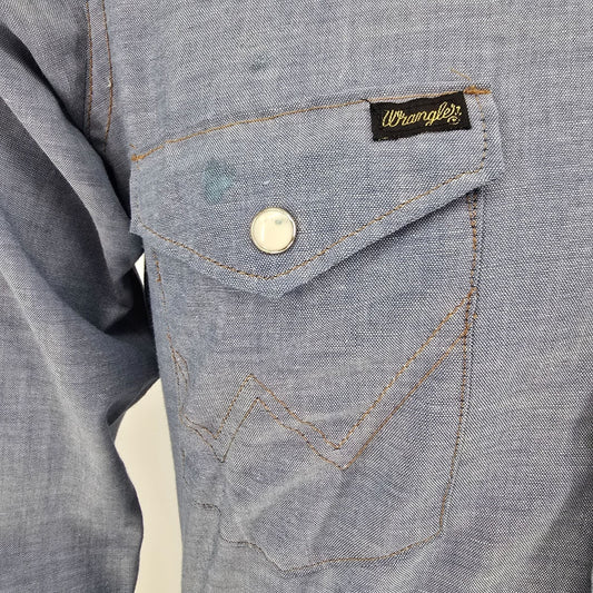 Vintage 1970s Wrangler "Balloon CREW" Pearl Snap Chambray Western Denim Shirt- S