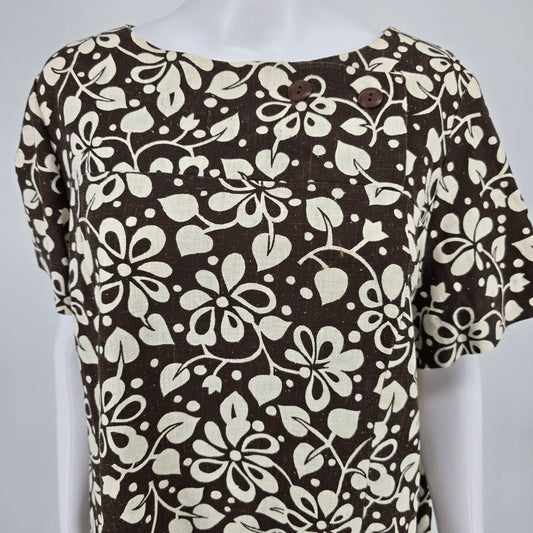Vintage 1960s Unbranded Brown/Cream Floral Pattern Woven Shift Dress (XL)