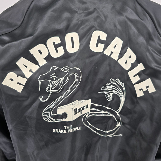 Vintage 1980s Rapco Cable Back Graphic Black Nylon Satin Bomber Jacket (L)