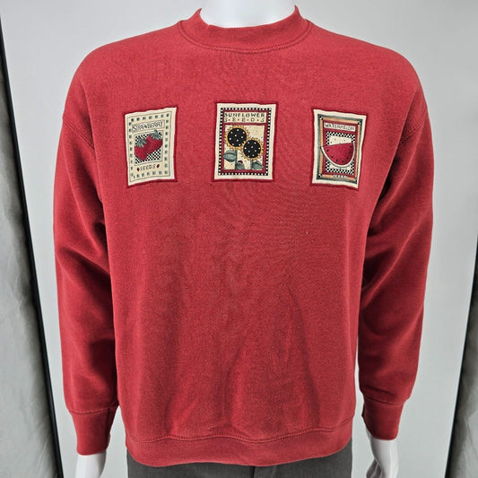Vintage 1990s Fruit of the Loom Seed Packet Appliques Red Sweatshirt (M)