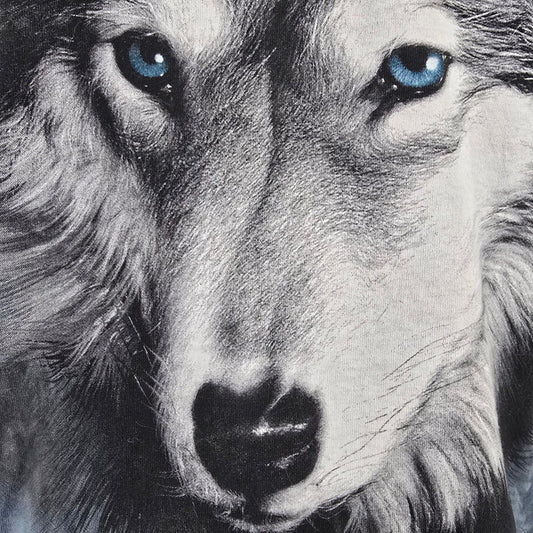 Vintage Y2K The Mountain DIY Cut Out Hem Blue-Eyed Wolf Tie-Dye T-Shirt (M)