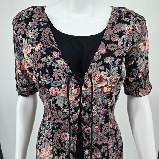 Vintage 1990s Nostalgia Black/Floral Paisley Corset-Style Lace-Up Dress (M)