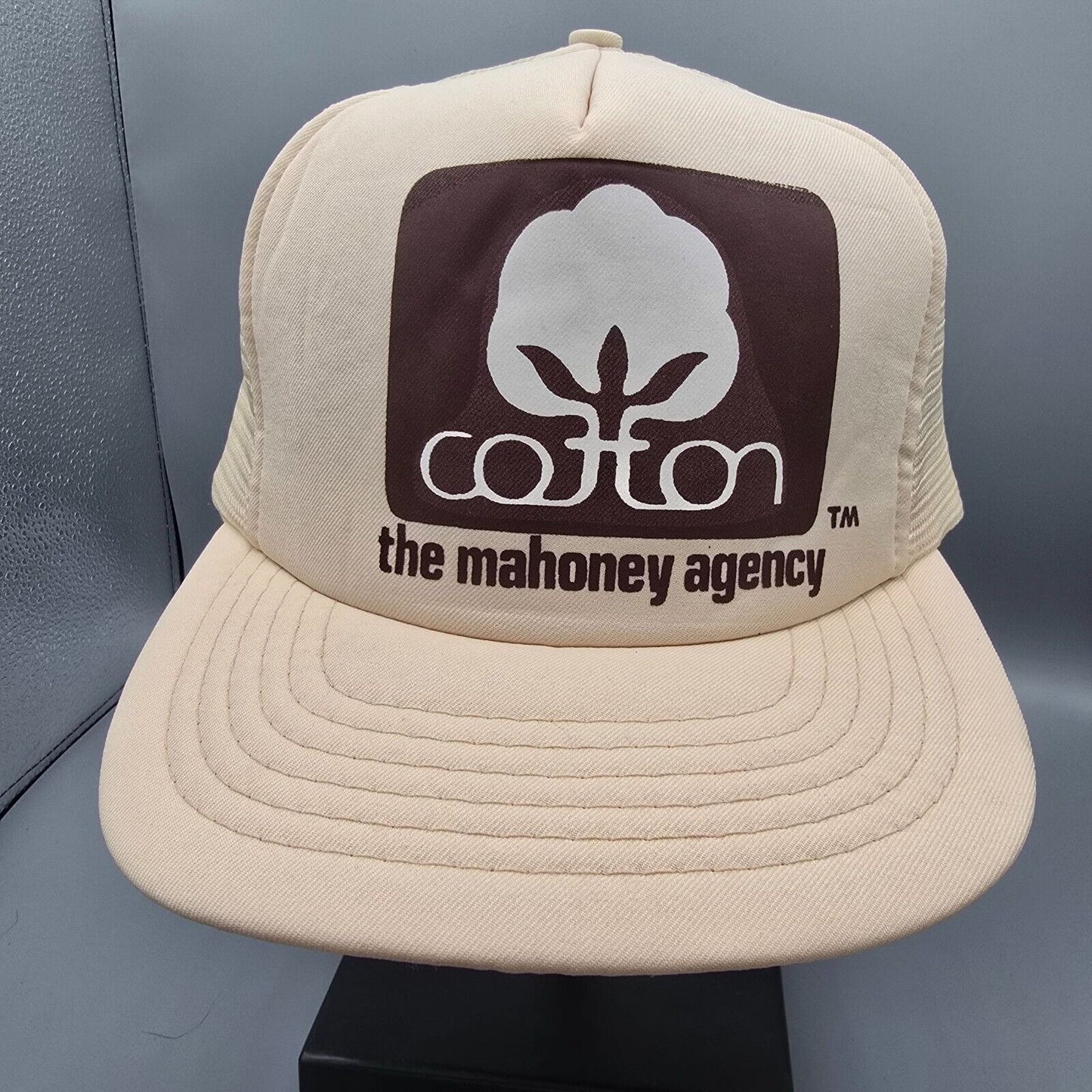 Vintage TOPAC The Mahoney Agency Seal of Cotton Beige Mesh Snapback Trucker Hat