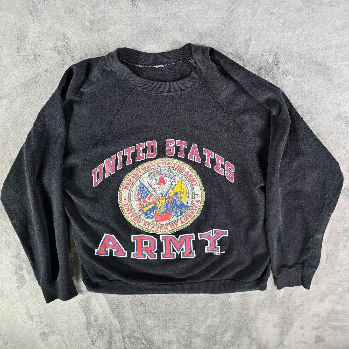 Vintage Late 1980s Distressed United States Army Emblem Black Sweatshirt (M)