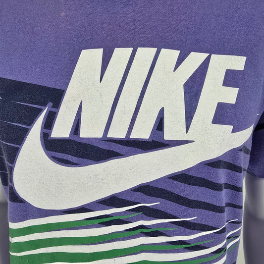 Vintage Early 1990s Nike Swoosh Purple Abstract Geometric Graphic T-Shirt (L)