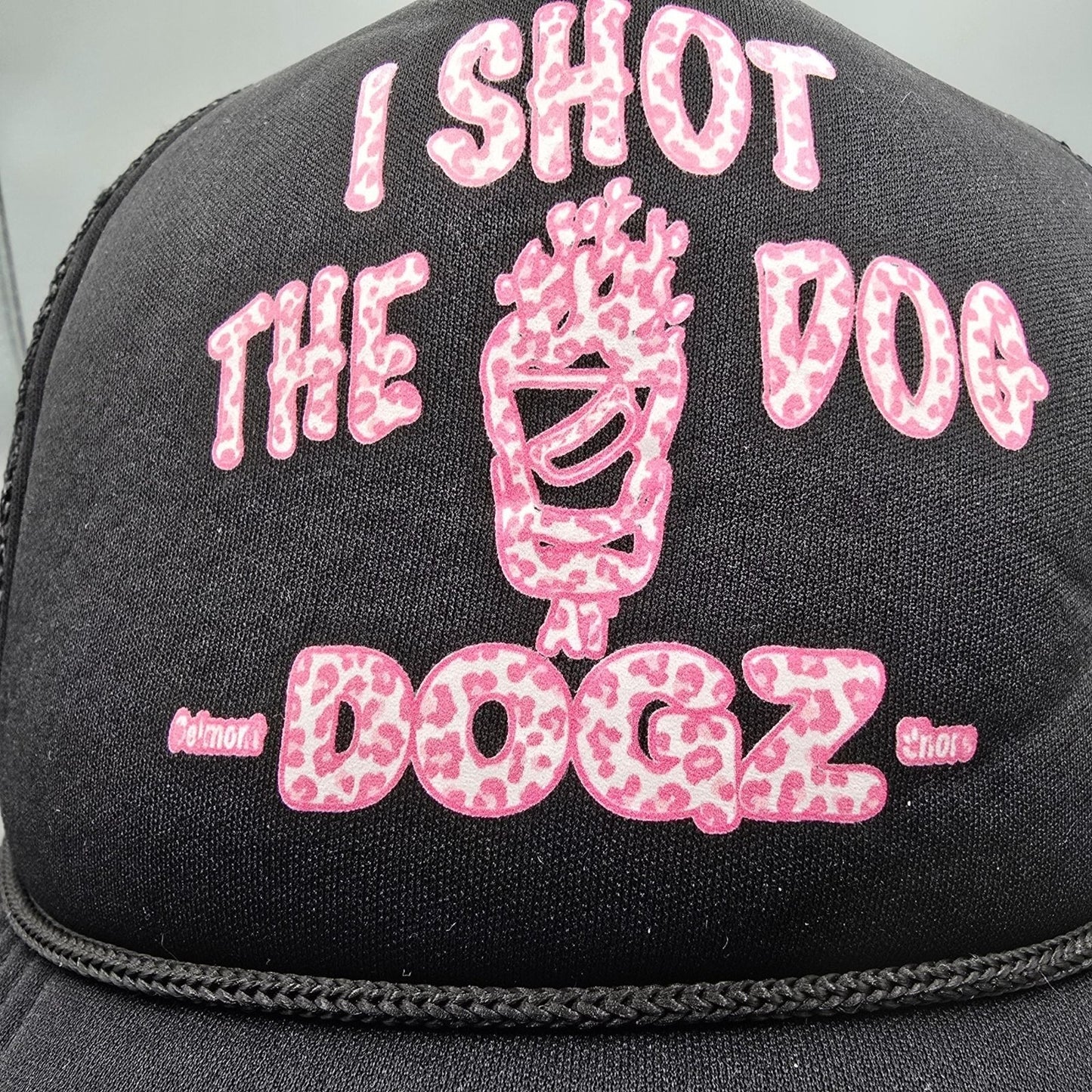 I Shot The Dog DOGZ Bar and Grill Pink Leopard Print Logo Black Trucker Hat