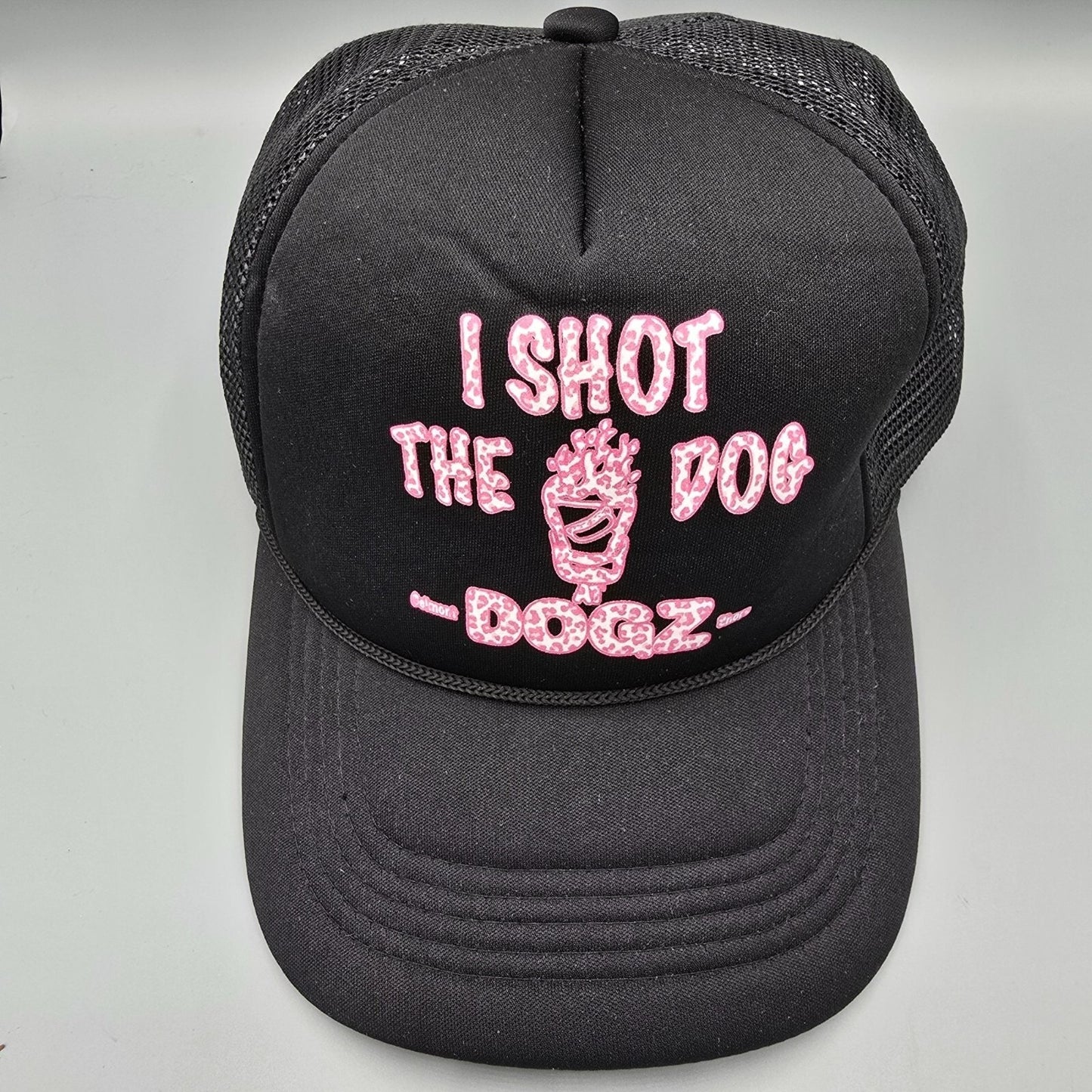 I Shot The Dog DOGZ Bar and Grill Pink Leopard Print Logo Black Trucker Hat
